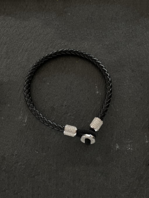 Silver [b 0858] 925 Sterling Silver High Carbon Diamond Artificial Leather Geometric Hip Hop Handmade Weave Bracelet